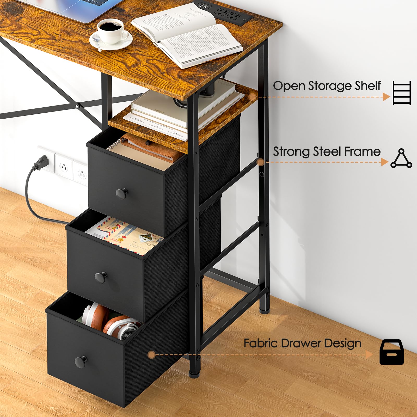 Amazon | 35.4インチ 小型コンピューターデスク 布製引き出し3個と電源